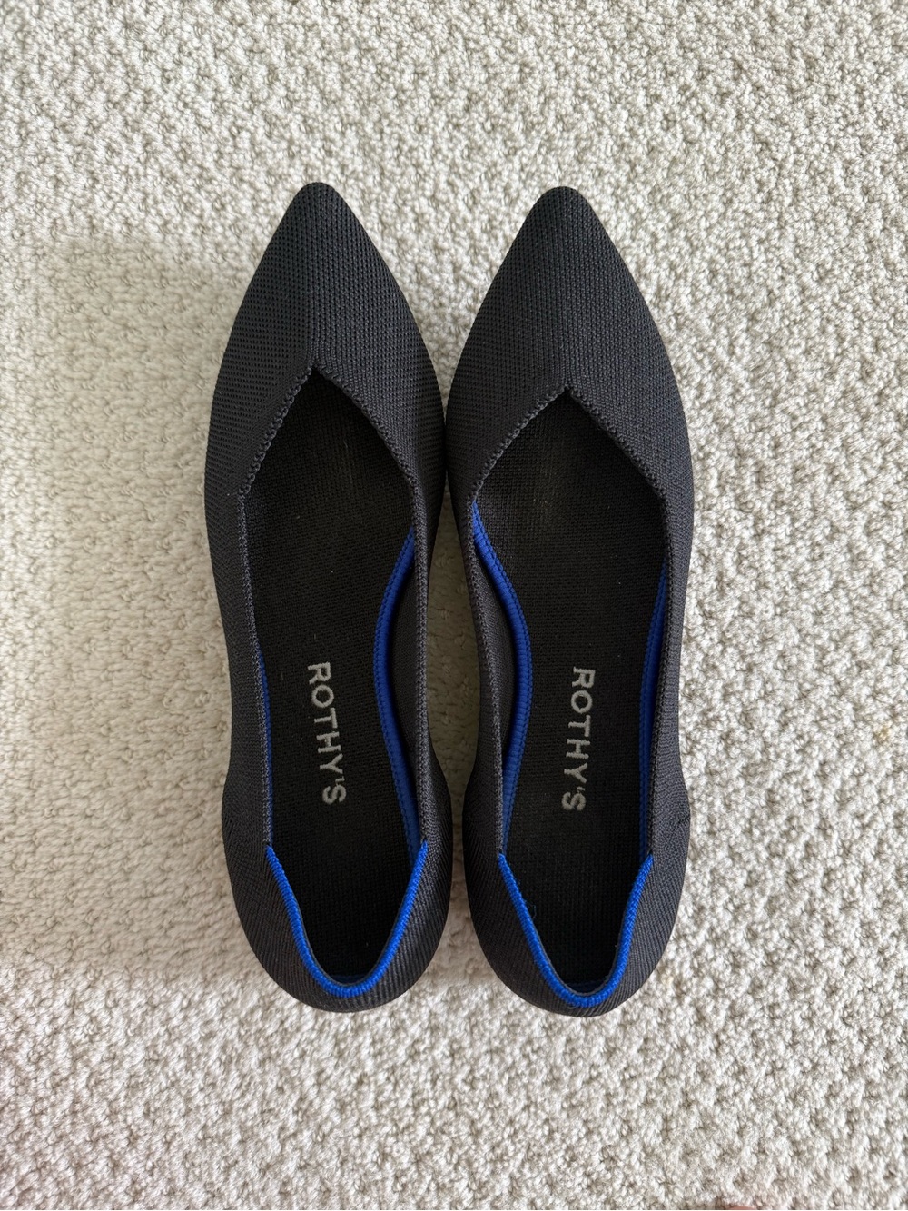 Rothy's Women's “The Point II” Pointed Black Flats with Blue Trim